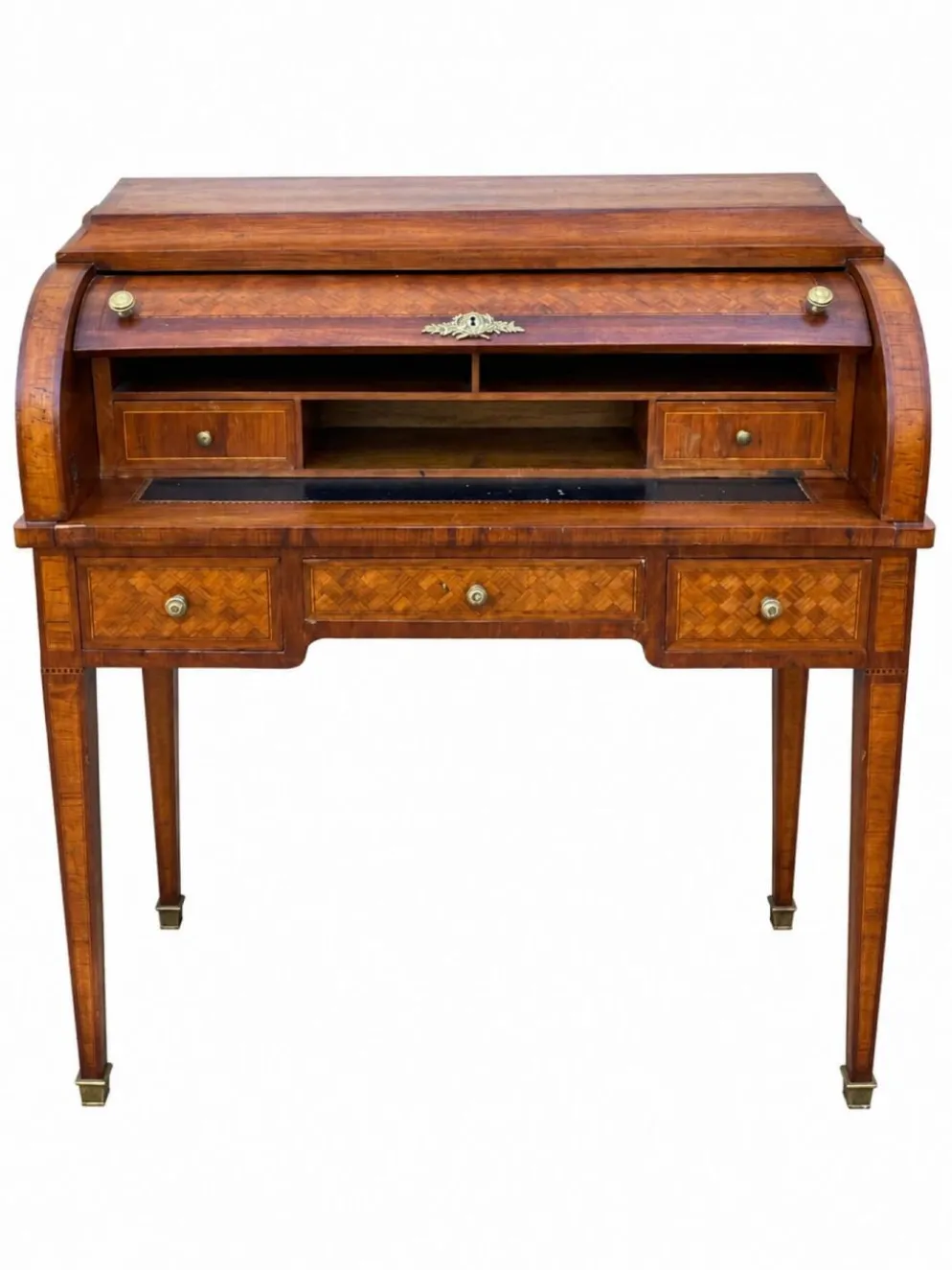 Bureau secrétaire à cylindre Louis XVI marqueterie en croisillons