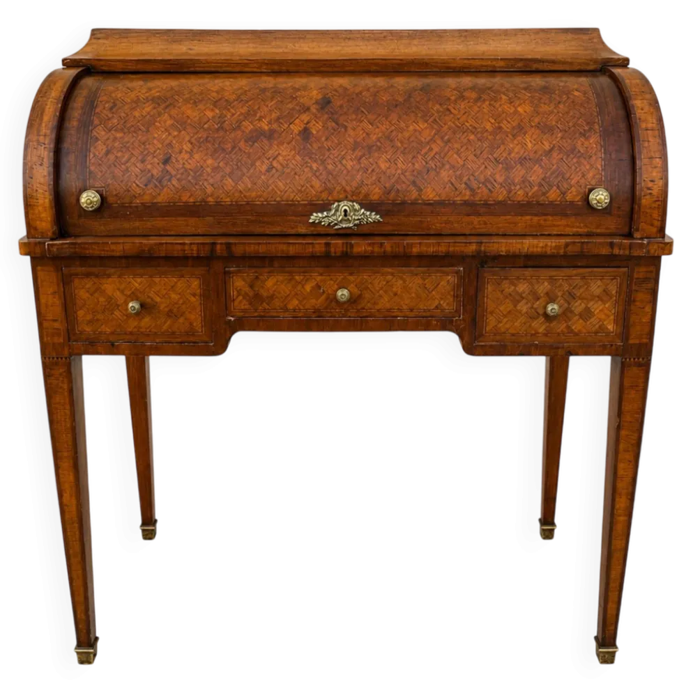 Bureau secrétaire à cylindre Louis XVI marqueterie en croisillons
