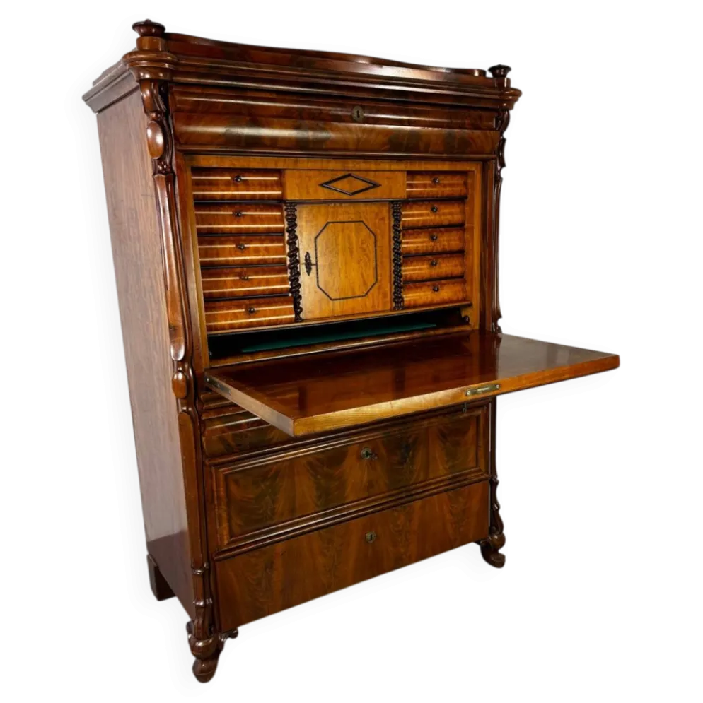 Bureau secrétaire en chêne et acajou Biedermeier vintage bien fait, 1860