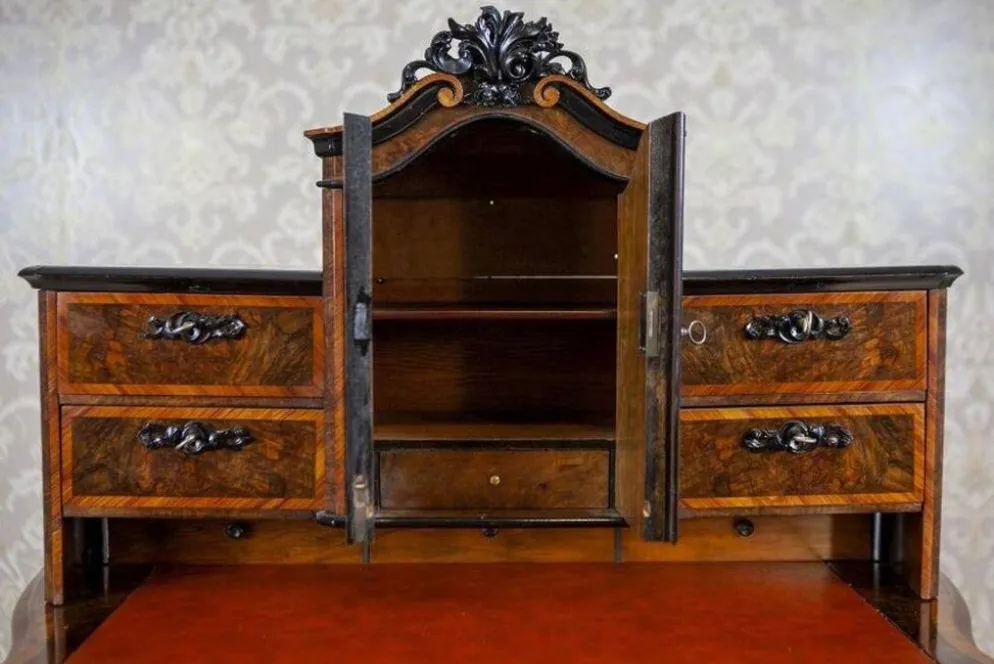 Bureau secrétaire en noyer et placage Louis Philippe antique, 1860