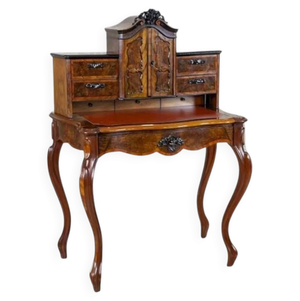 Bureau secrétaire en noyer et placage Louis Philippe antique, 1860