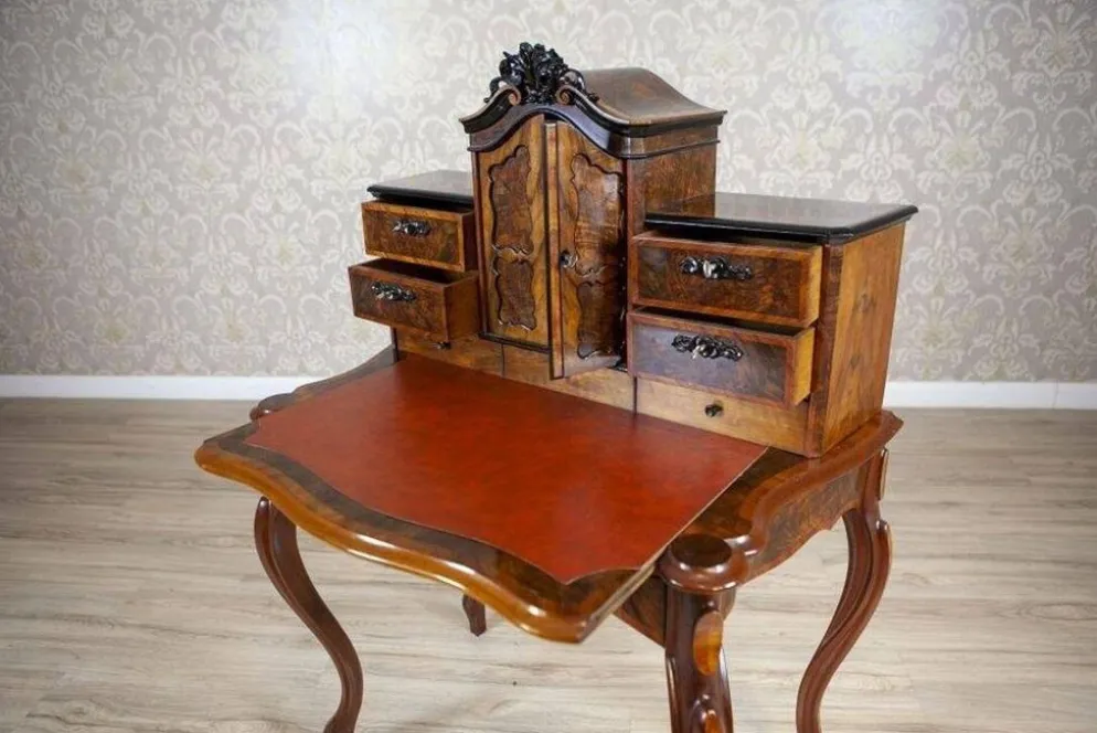 Bureau secrétaire en noyer et placage Louis Philippe antique, 1860