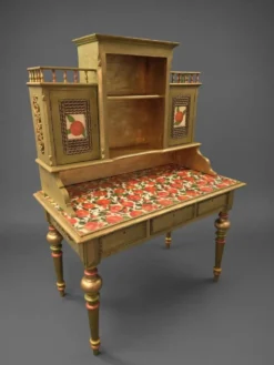 Bureau secrétaire norvégien ancien | Découpage de fruits dorés et verts restauré
