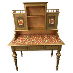Bureau secrétaire norvégien ancien | Découpage de fruits dorés et verts restauré