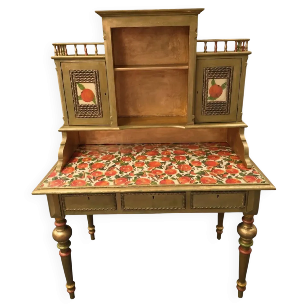 Bureau secrétaire norvégien ancien | Découpage de fruits dorés et verts restauré