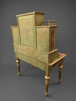 Bureau secrétaire norvégien ancien | Découpage de fruits dorés et verts restauré