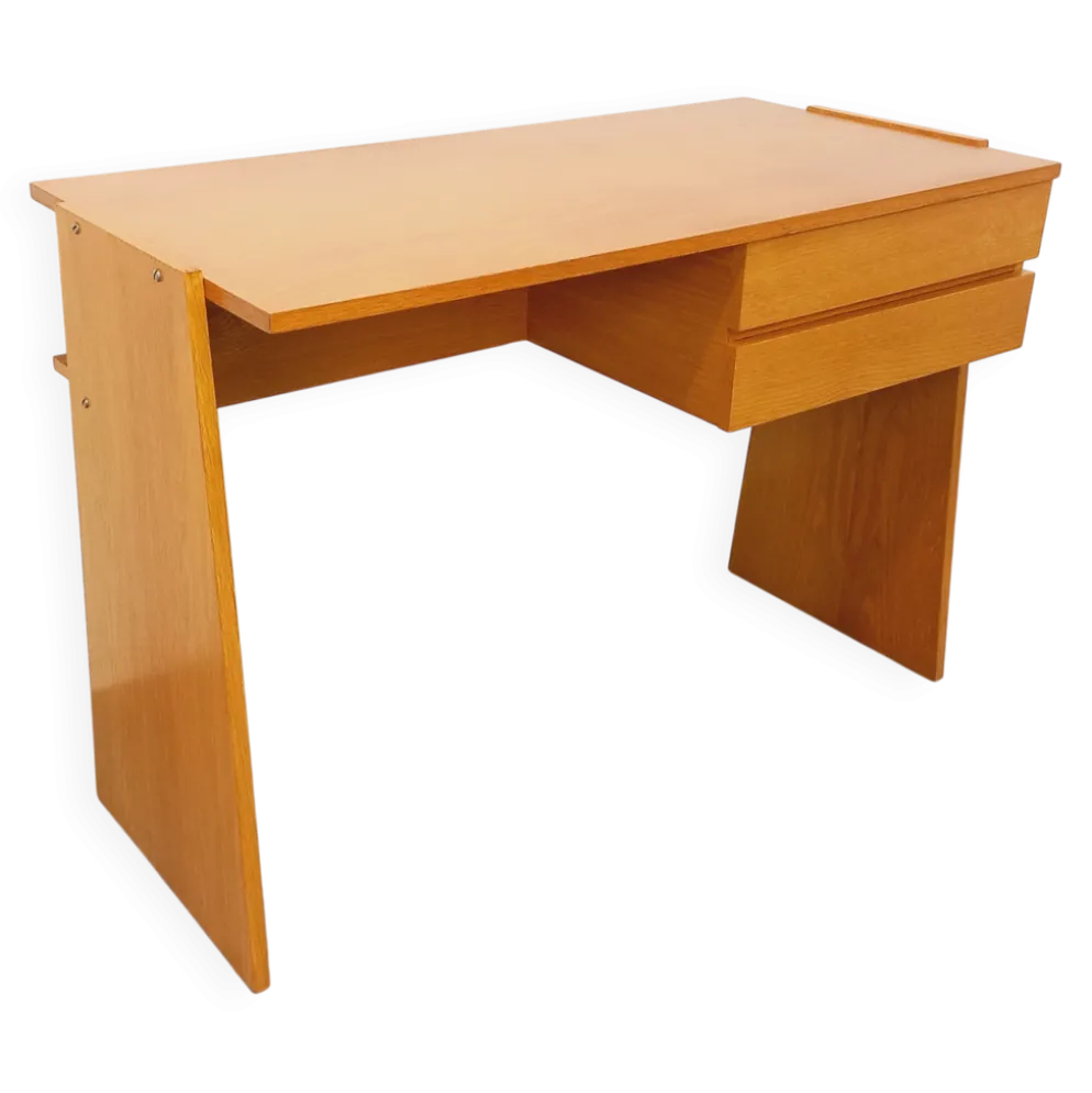 Bureau trapèze double-face vintage en bois de chêne des années 60