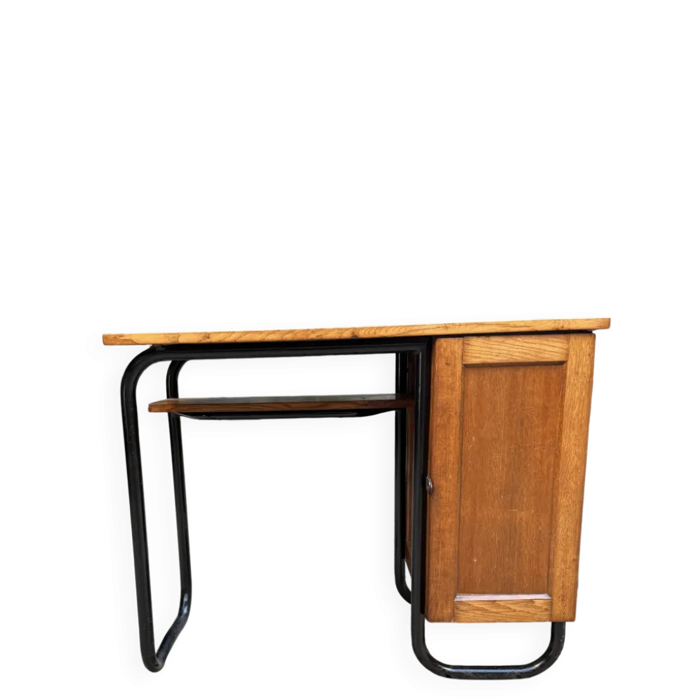 Bureau tubulaire vintage en chêne et métal noir — Années 50