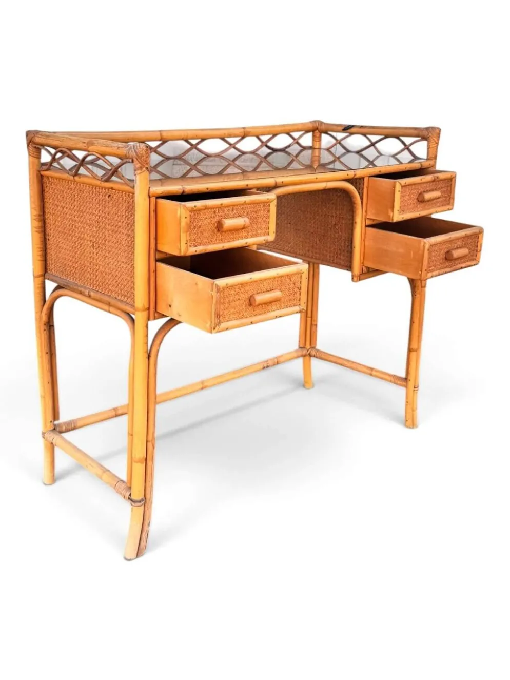 Bureau vintage Angraves of Leicester en cannage et bambou