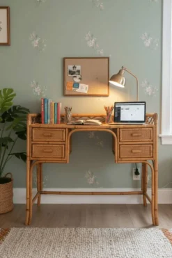 Bureau vintage Angraves of Leicester en cannage et bambou