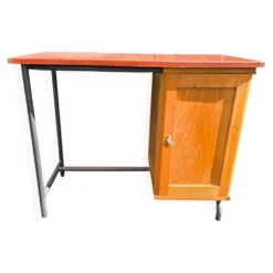 Bureau vintage années 50 en Formica rouge, bois et métal
