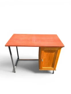 Bureau vintage années 50 en Formica rouge, bois et métal