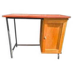 Bureau vintage années 50 en Formica rouge, bois et métal