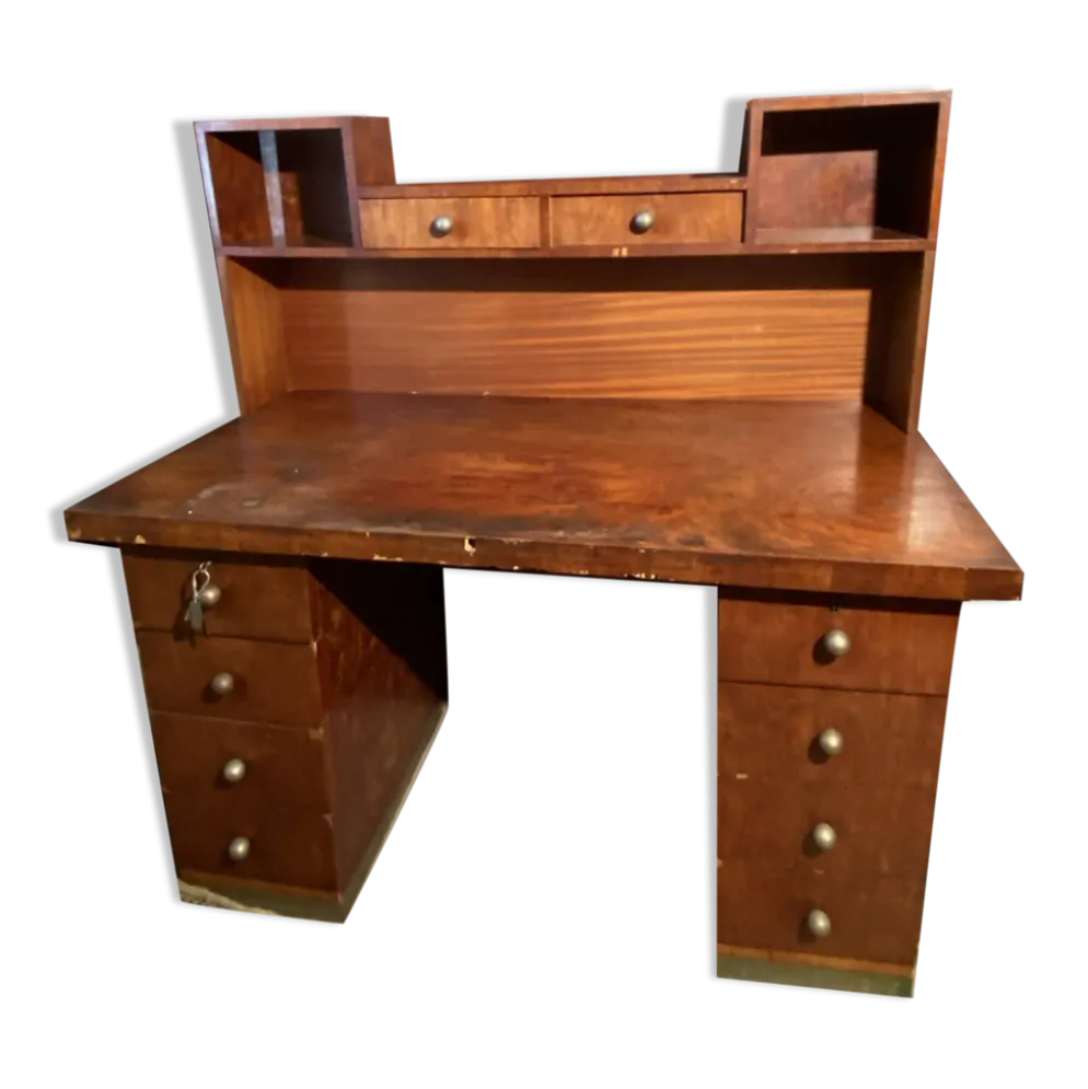 Bureau vintage à caissons avec surmeuble et nombreux tiroirs