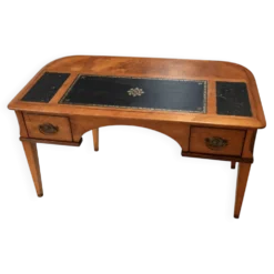 Bureau vintage façade galbée, cuir noir, bronze –compartiments secrets