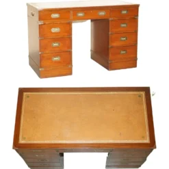 Bureau vintage Harrods Kennedy cuir style campagne militaire à caissons