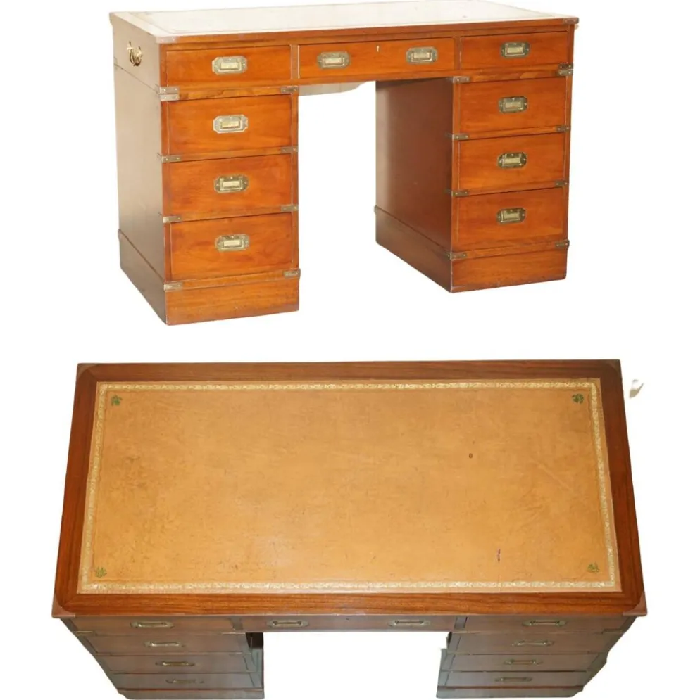 Bureau vintage Harrods Kennedy cuir style campagne militaire à caissons