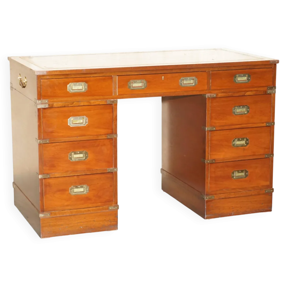 Bureau vintage Harrods Kennedy cuir style campagne militaire à caissons