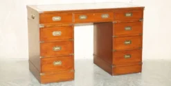 Bureau vintage Harrods Kennedy cuir style campagne militaire à caissons