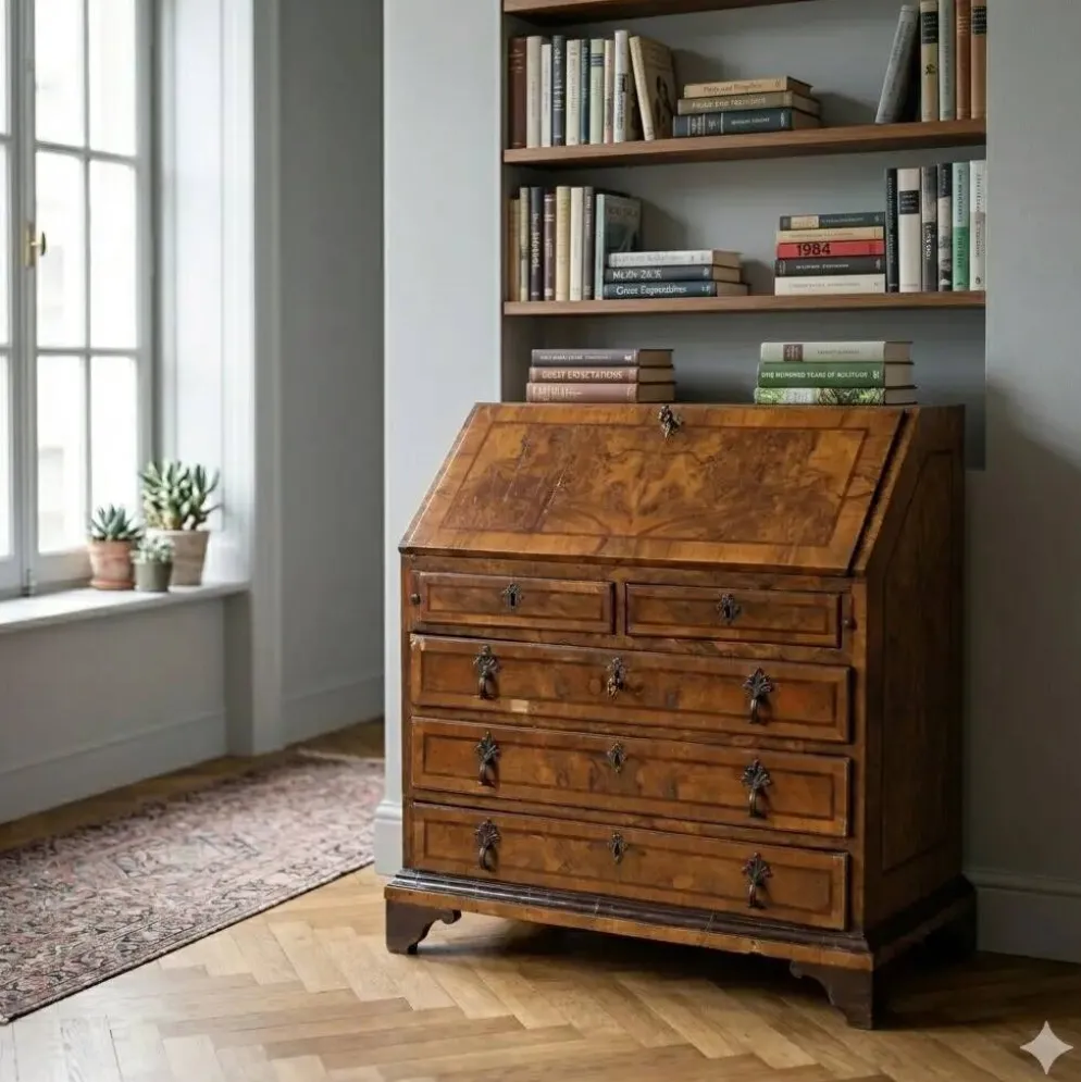 Cabinet à abattant ancien en ronce de noyer 8 tiroirs Italie XVIII Century