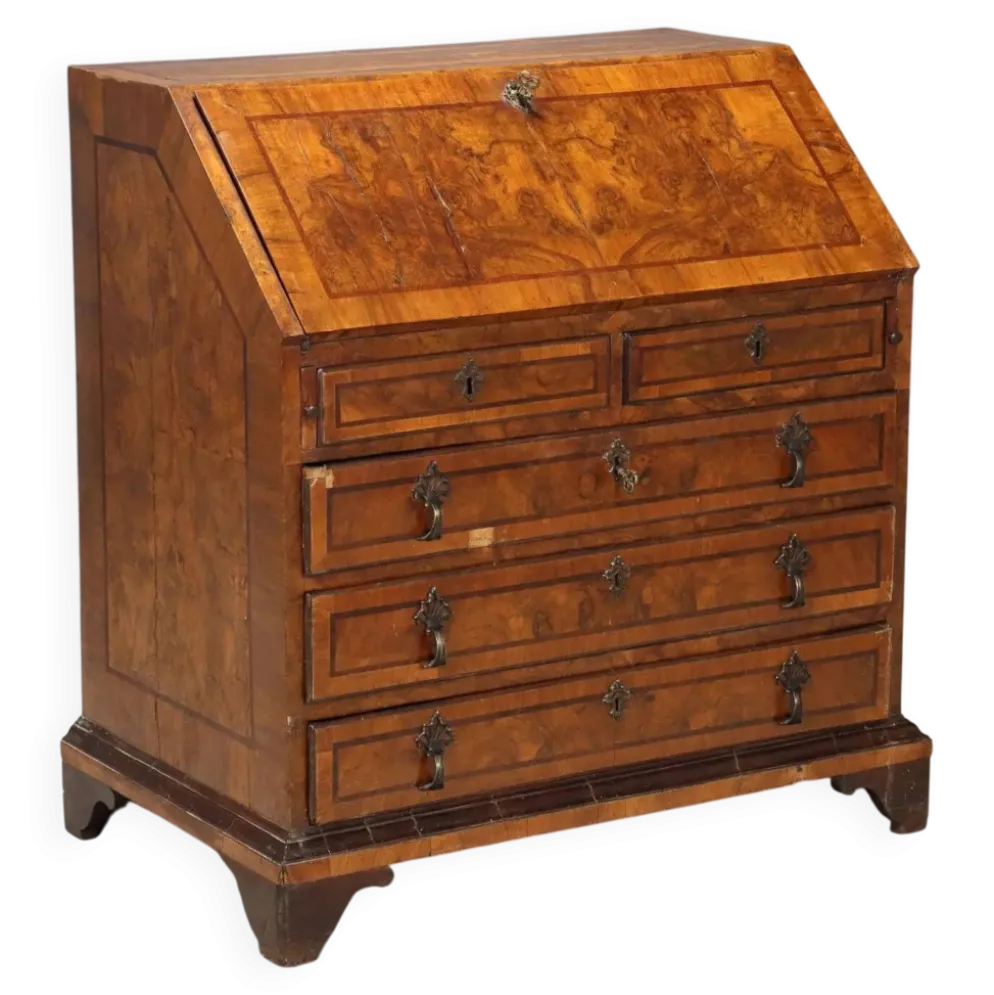 Cabinet à abattant ancien en ronce de noyer 8 tiroirs Italie XVIII Century