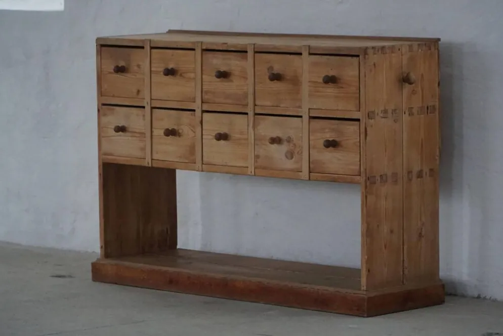 Cabinet apothicaire danois en pin antique du 19ème siècle / Console, 1850–1880s