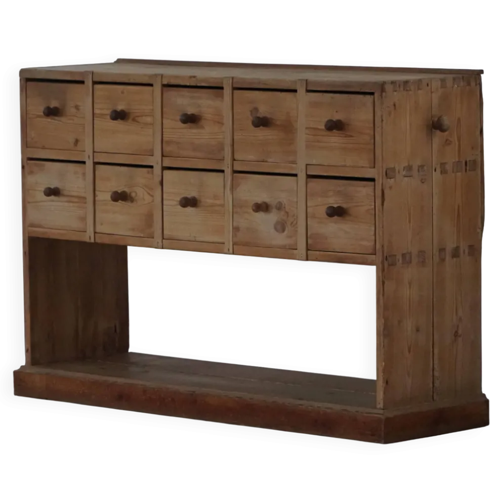 Cabinet apothicaire danois en pin antique du 19ème siècle / Console, 1850–1880s