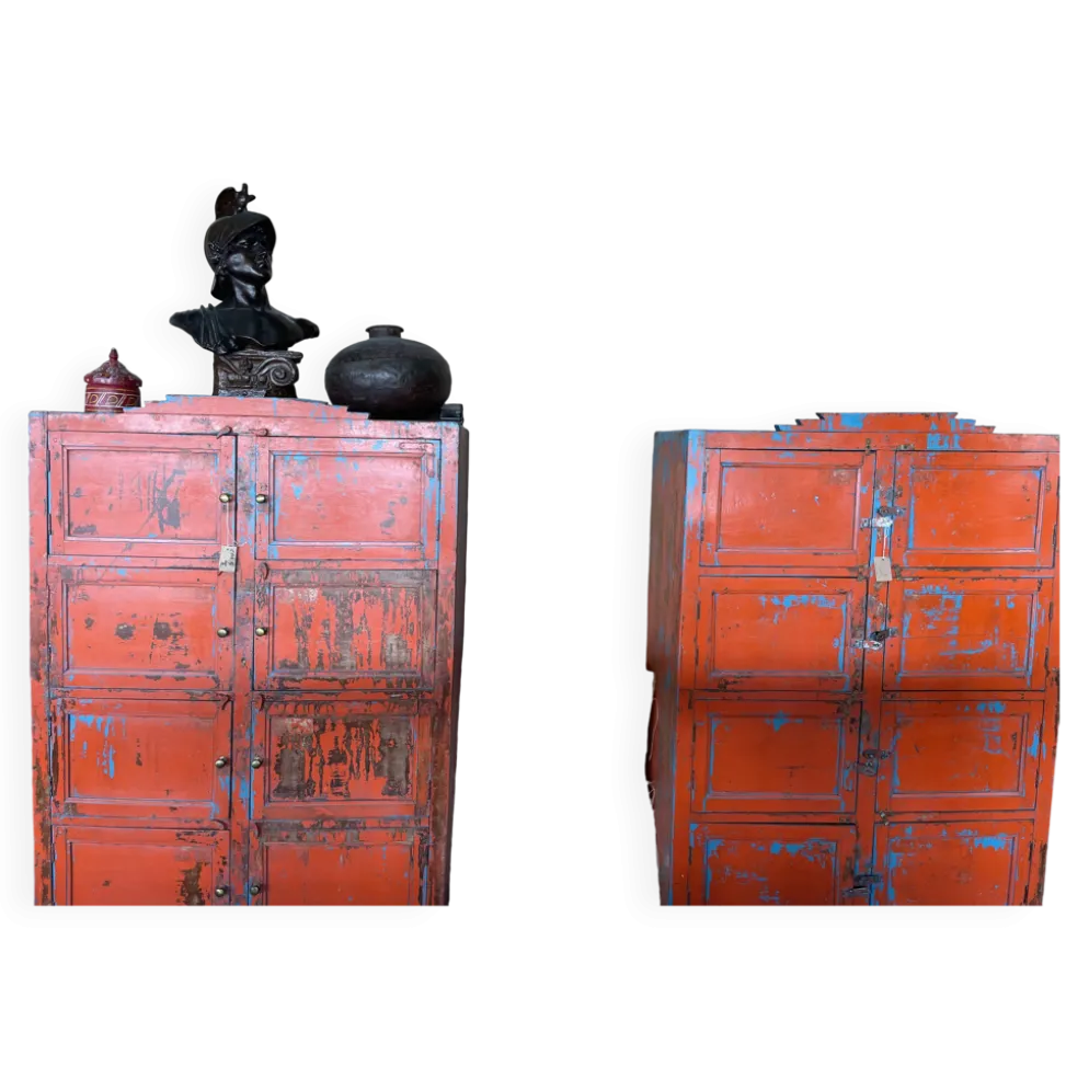 Cabinet à casiers en teck laqué rouge