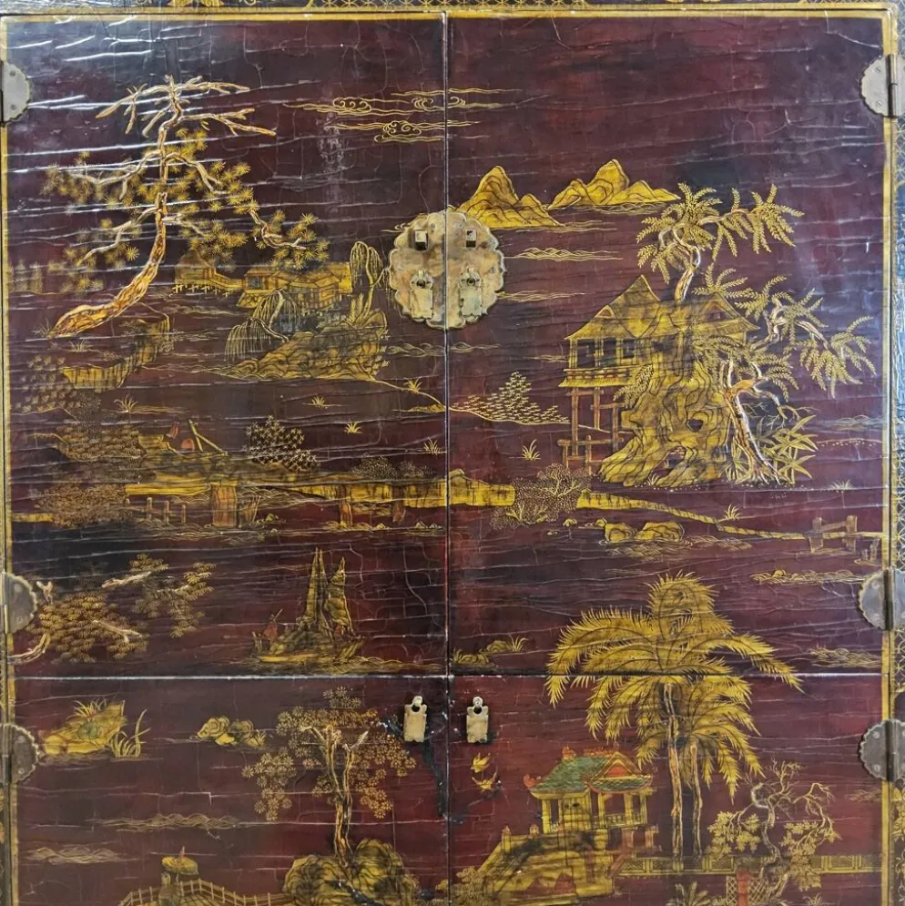 Cabinet chinois vintage (rouge/or) scène traditionnelle bohémienne