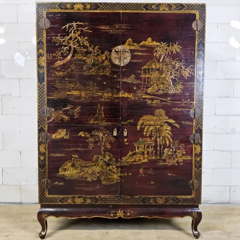 Cabinet chinois vintage (rouge/or) scène traditionnelle bohémienne