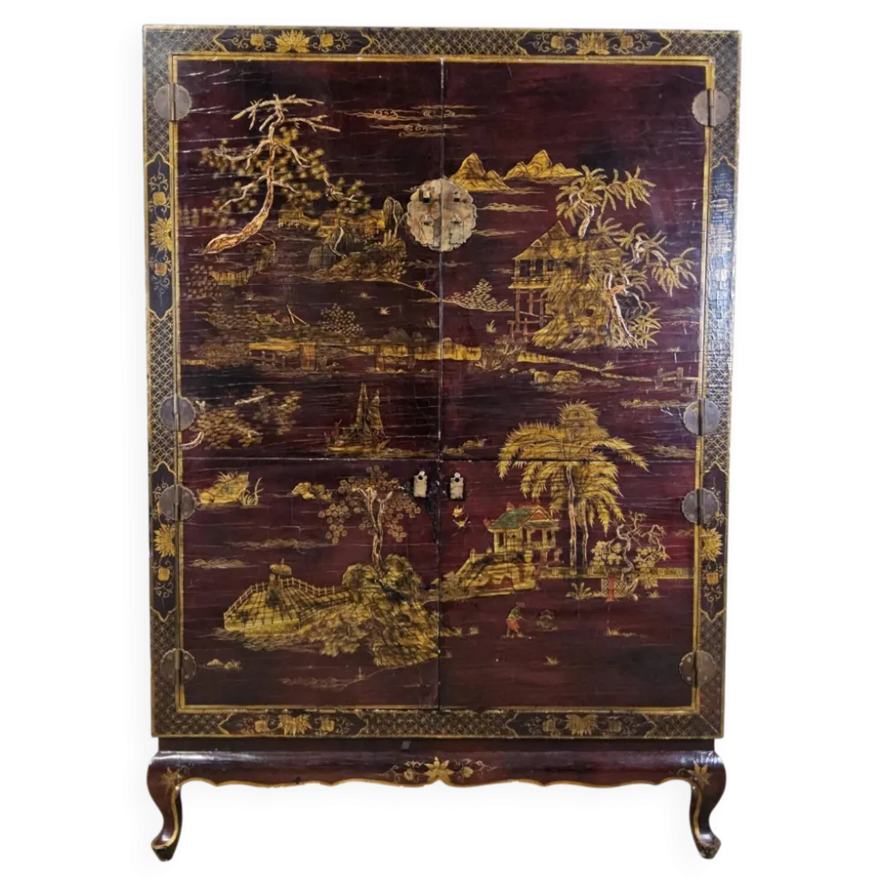 Cabinet chinois vintage (rouge/or) scène traditionnelle bohémienne