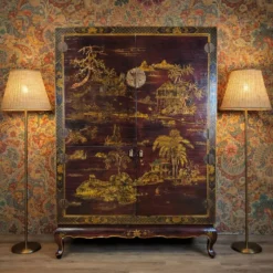 Cabinet chinois vintage (rouge/or) scène traditionnelle bohémienne