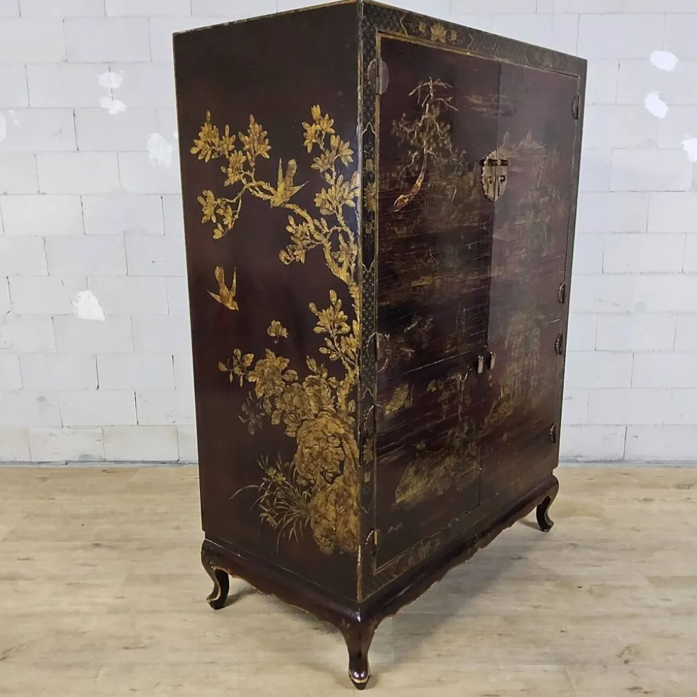 Cabinet chinois vintage (rouge/or) scène traditionnelle bohémienne