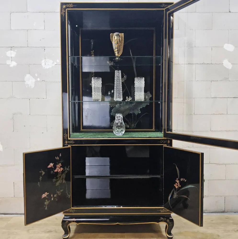 Cabinet d'affichage chinois vintage avec fleurs et oiseaux / Bohémien