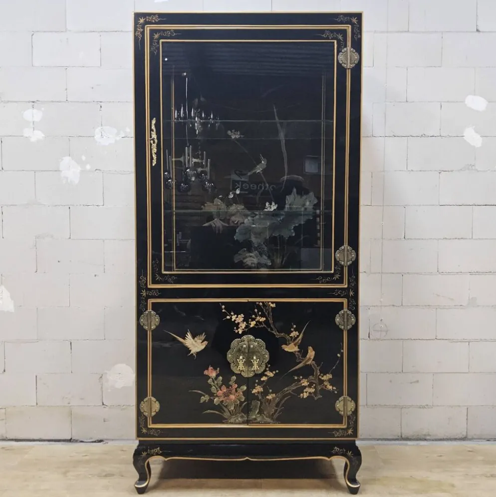 Cabinet d'affichage chinois vintage avec fleurs et oiseaux / Bohémien