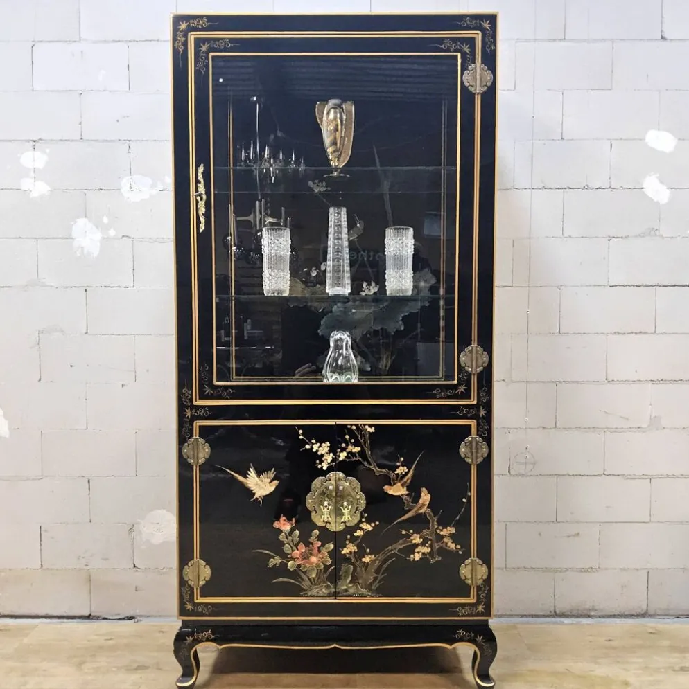Cabinet d'affichage chinois vintage avec fleurs et oiseaux / Bohémien