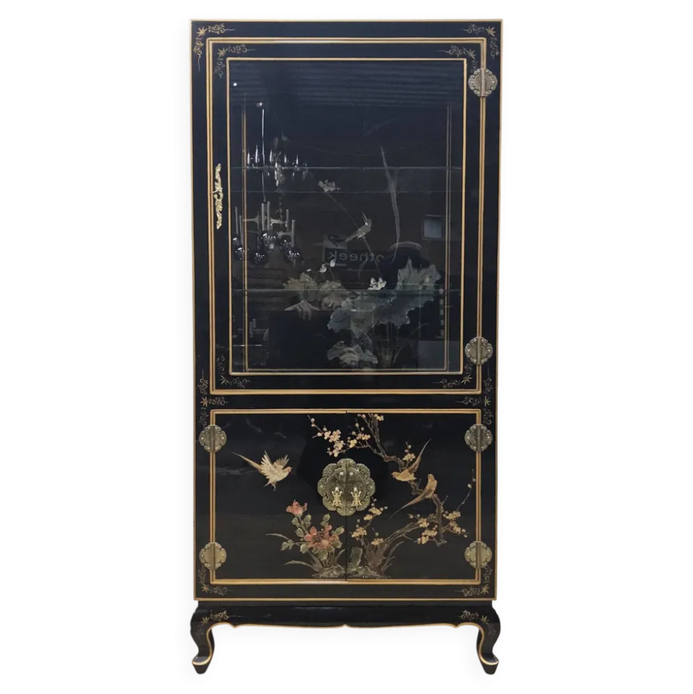 Cabinet d'affichage chinois vintage avec fleurs et oiseaux / Bohémien