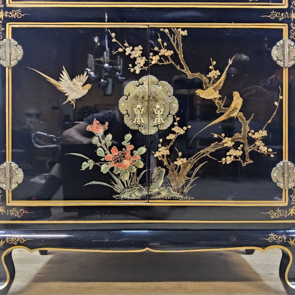 Cabinet d'affichage chinois vintage avec fleurs et oiseaux / Bohémien