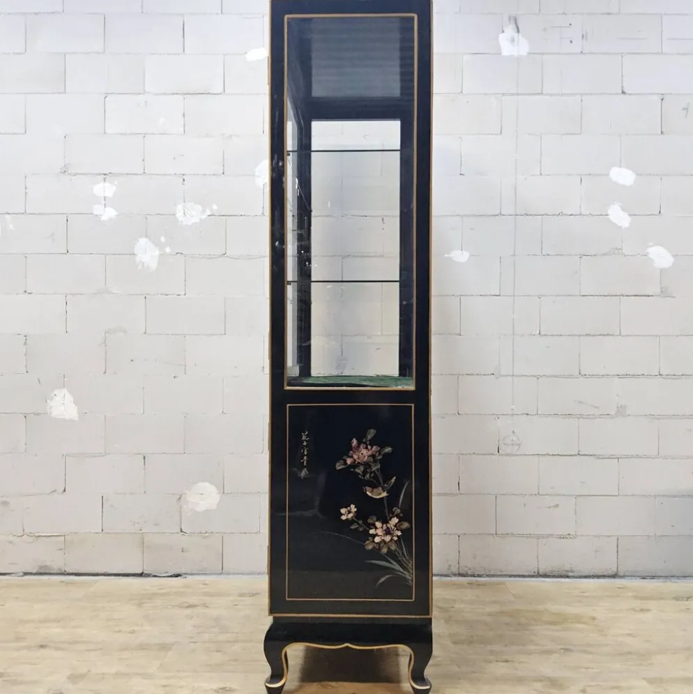 Cabinet d'affichage chinois vintage avec fleurs et oiseaux / Bohémien