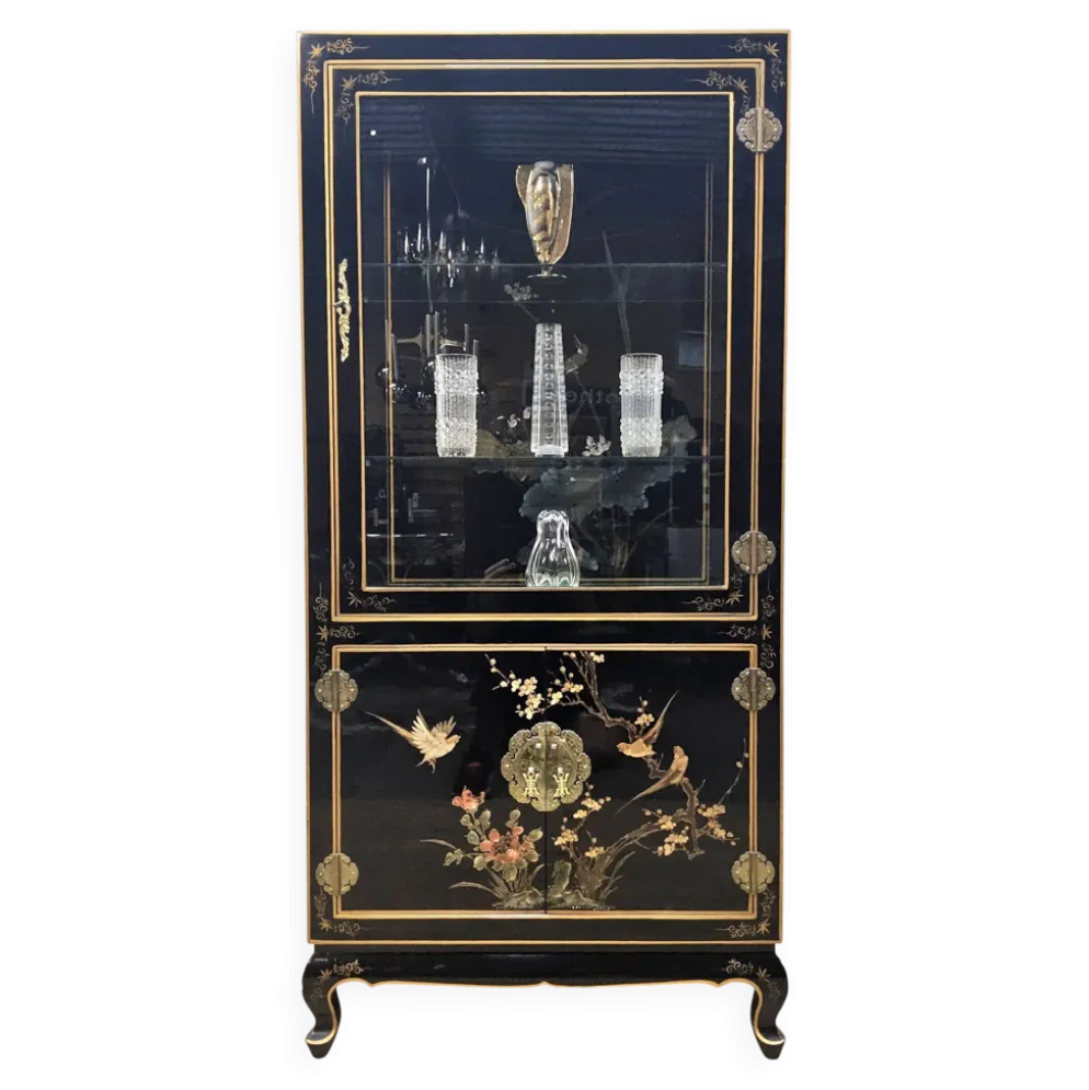 Cabinet d'affichage chinois vintage avec fleurs et oiseaux / Bohémien