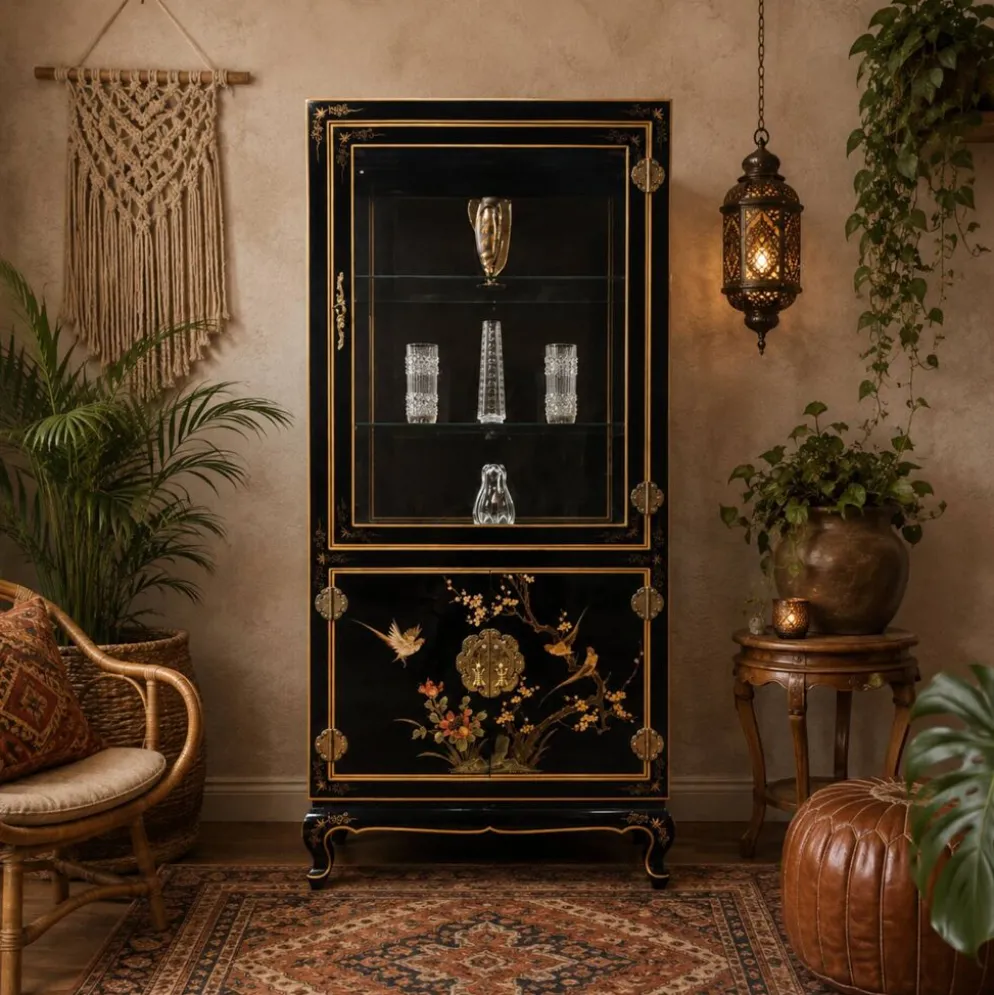 Cabinet d'affichage chinois vintage avec fleurs et oiseaux / Bohémien