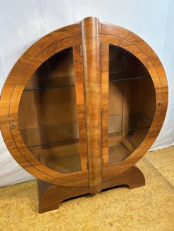 Cabinet d'affichage rond en globe Art Déco vintage en noyer figuré vers 1930