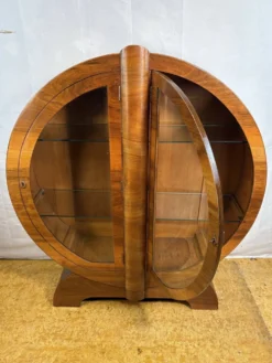 Cabinet d'affichage rond en globe Art Déco vintage en noyer figuré vers 1930