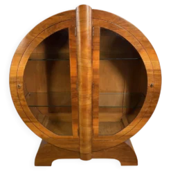 Cabinet d'affichage rond en globe Art Déco vintage en noyer figuré vers 1930