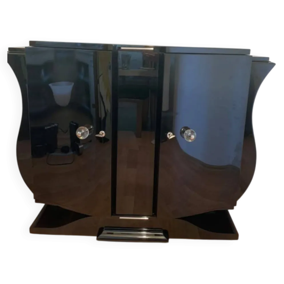 Cabinet de bar Art Déco français - Laque noire piano - 140 cm - Vers 1930 -