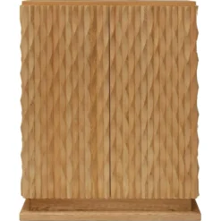 Cabinet de bar italien en bois de chêne massif sculpté à la main et miroir en verre de style brutaliste