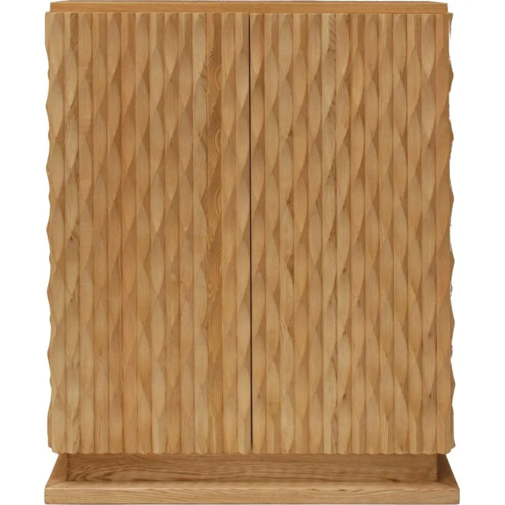 Cabinet de bar italien en bois de chêne massif sculpté à la main et miroir en verre de style brutaliste
