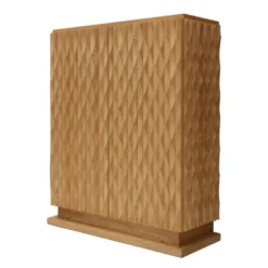 Cabinet de bar italien en bois de chêne massif sculpté à la main et miroir en verre de style brutaliste