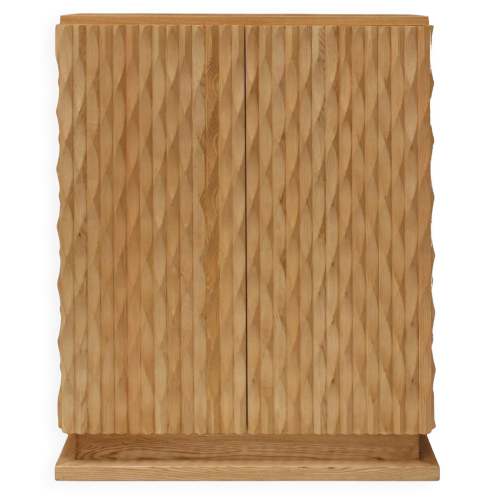 Cabinet de bar italien en bois de chêne massif sculpté à la main et miroir en verre de style brutaliste