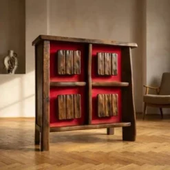 Cabinet de bar rétroéclairé brutaliste des années 60, en bois massif, années 1970, style scandinave
